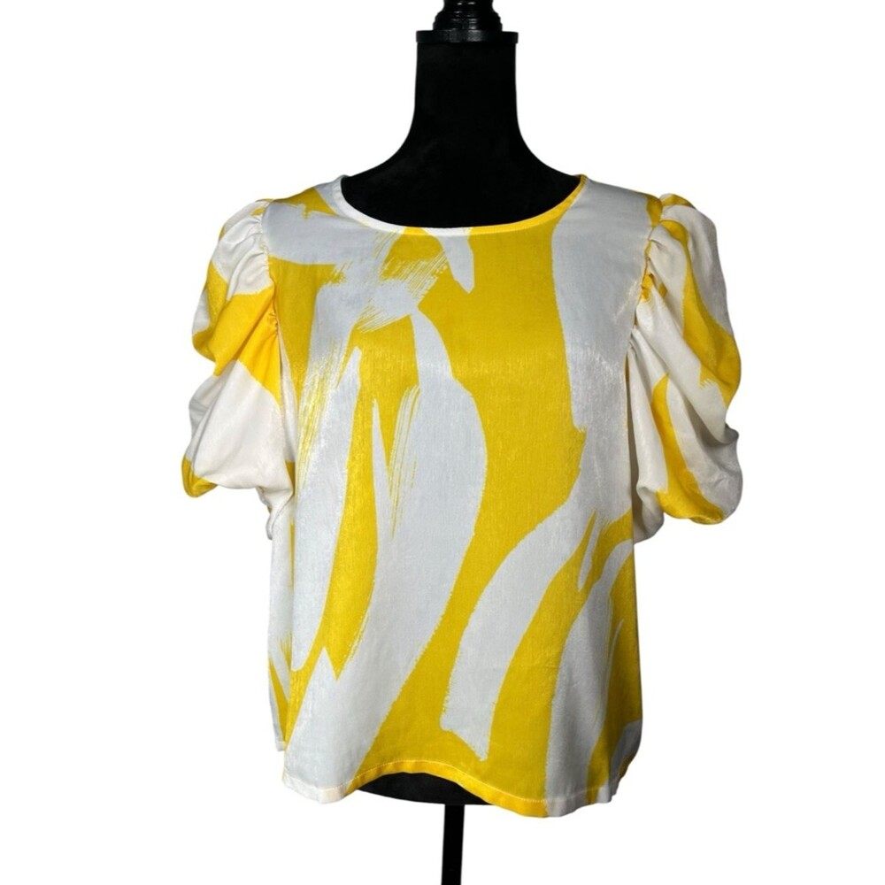 DKNY Yellow White Puff Sleeve Blouse Abstract Short Ballon Sleeve Silky Top